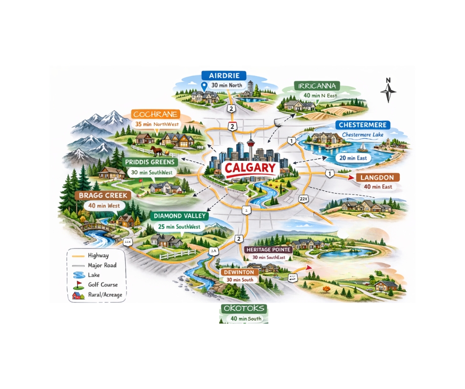 Airdrie, Chestermere, Priddis, Bragg Creek, Heritage Point, DeWinton, Okotoks, Langdon